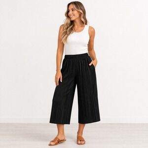 Nordstrom Rack Plisse Pleated Pants Womens 1X Black Wide Leg Cropped High Rise